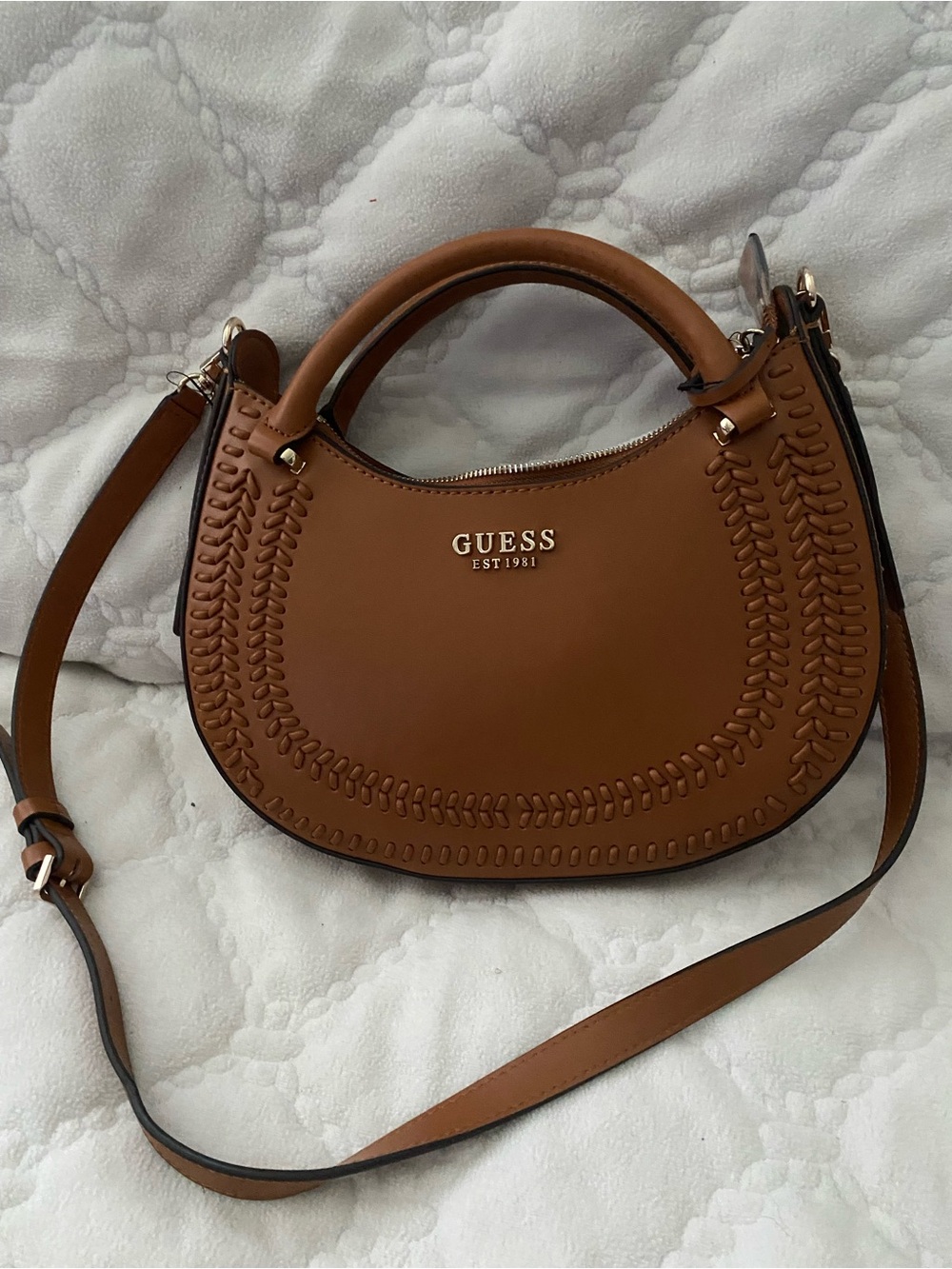 GUESS Tan Woven-Trim Saddle Shoulder Bag